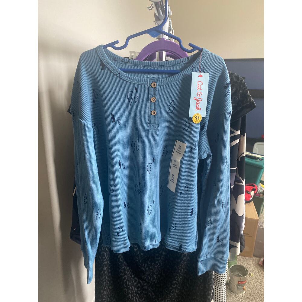 NWT Cat & Jack Blue Lightning Bolt Thermal Henley M (8) Long Sleeve Shirt